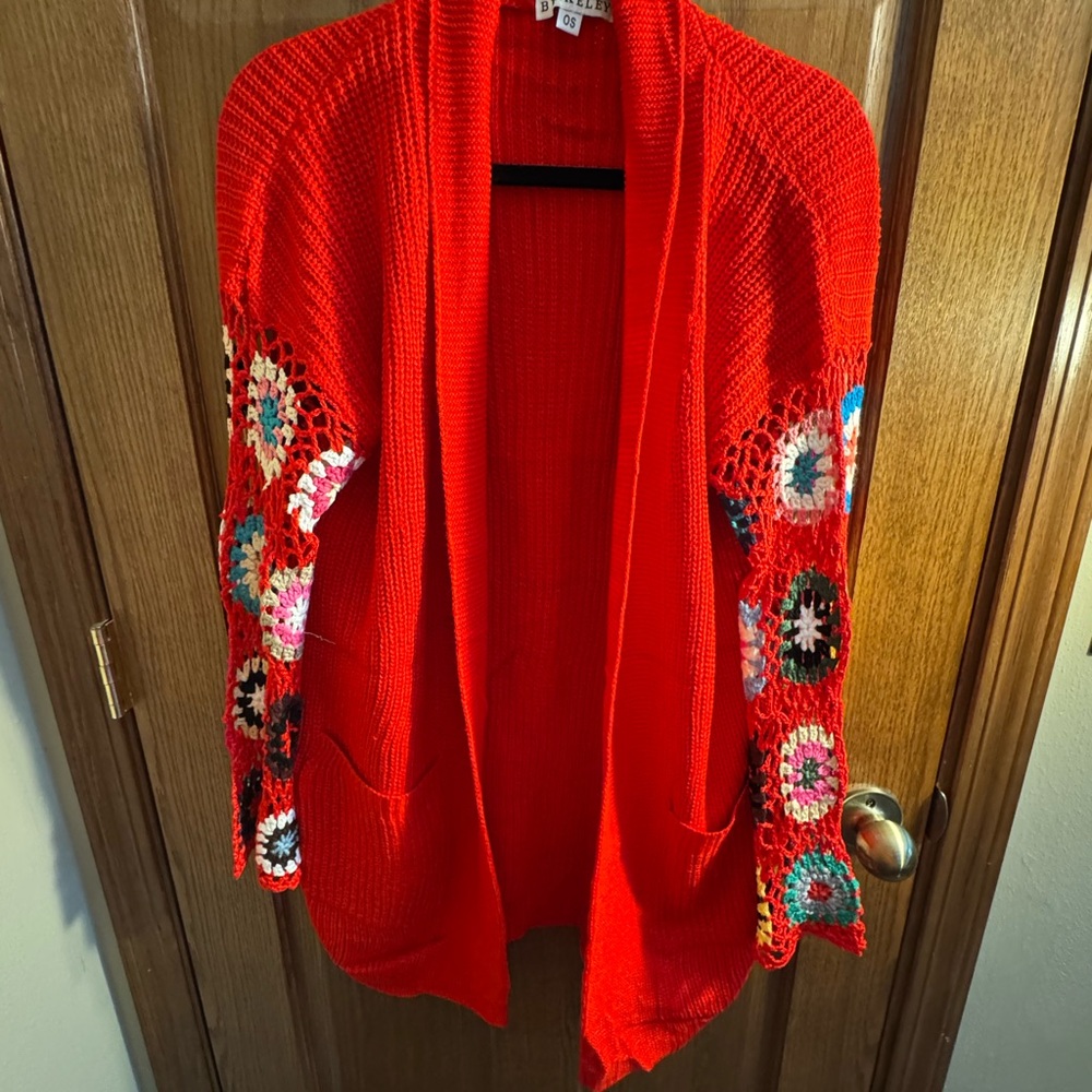 BNWOT- Red Embroidered Granny Square Cardigan